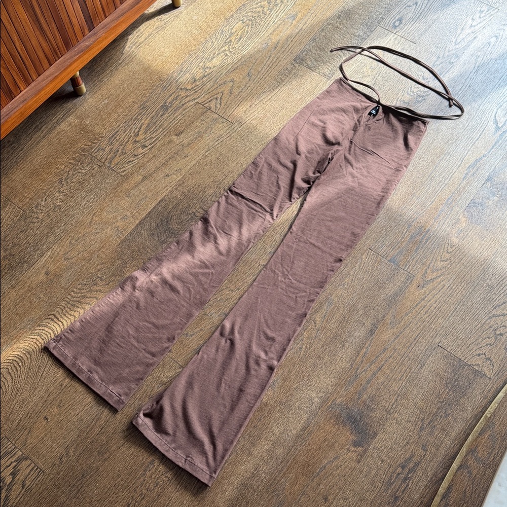 Chocolate Brown Flare Stretch Pants with Belly Button Hole - Picture 2 of 4